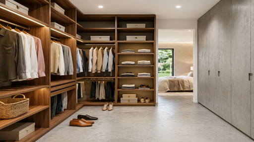 Custom walk-in closet with warm wood shelving, refined finishes, and organized storage